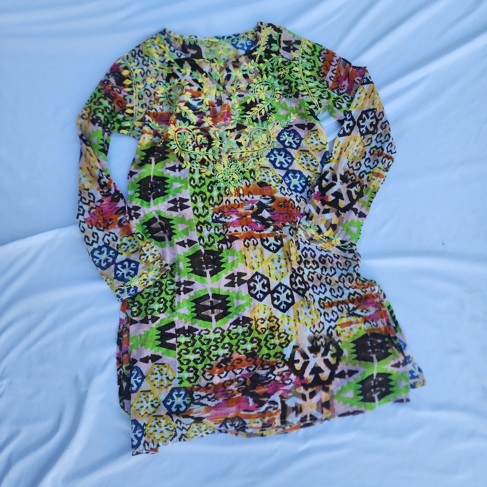 Raj ANTHROPOLOGIE Embroidered Bohemian Tunic Top Colorful  Embroidered sz XL